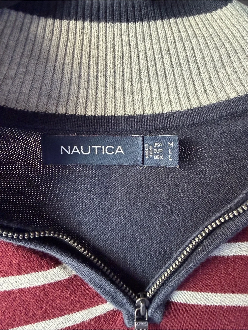 Nautica Men’s Burgundy, Navy & Cream Striped Quarter-Zip Pullover